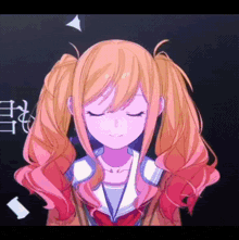 a girl with pigtails has her eyes closed and a purple background