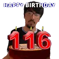 a man with glasses is holding a birthday cake with candles that say 116