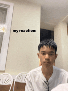 a young man sitting in front of a wall with the words my reaction written on it