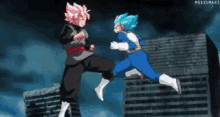 two anime characters are fighting each other in a city .