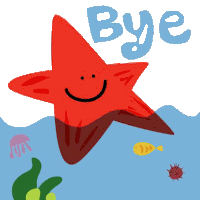 a red starfish with a smile on its face and the word bye written below it