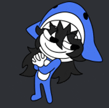 a cartoon character wearing a blue and white shark outfit