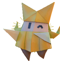 a yellow origami figure with a black arrow pointing up