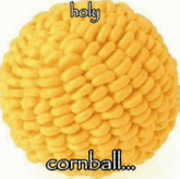 a close up of a yellow cornball with the words `` holy cornball '' written on it .