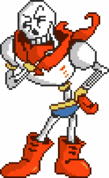 a pixel art drawing of papyrus wearing red boots and a scarf