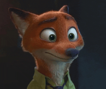 a close up of a fox wearing a green shirt and tie