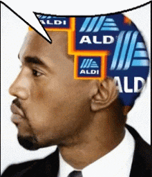 a man with aldi logos on his head and a speech bubble