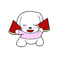 a cartoon drawing of a white dog holding two slices of watermelon