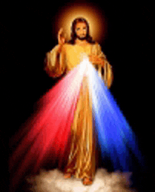 a painting of jesus with red , white and blue rays coming out of him