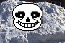 a pixel art drawing of a skull on top of a pile of snow in front of a brick building