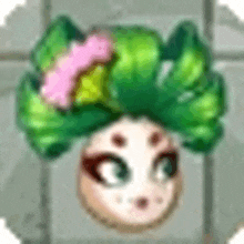 a cartoon character with green hair and a pink flower in her head .