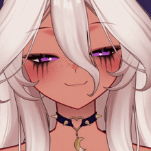 a girl with white hair and purple eyes has a heart shaped choker