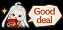 a cartoon girl with white hair is holding a box and a speech bubble that says `` good deal '' .