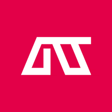 a red background with a white triangle with the letter a on it