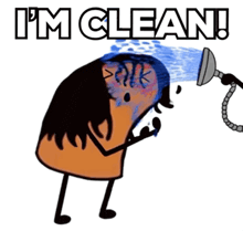 a cartoon character is taking a shower with the words " i 'm clean " written above him