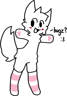 a drawing of a white cat wearing pink and white striped socks and asking for a hug