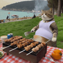 a cat is smoking a cigarette while holding a spatula over a grill