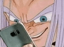 a cartoon character is looking at a cell phone with a funny face .