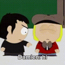 a cartoon of a man and a girl standing next to each other with the words damien hi on the bottom .