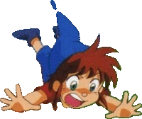 a cartoon character with red hair and a blue hat is on his back