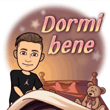 a cartoon of a man sitting on a bed with the words dormi bene written above him