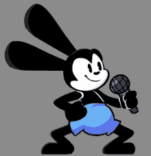 a cartoon rabbit is holding a microphone and wearing blue shorts