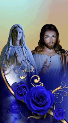 a picture of jesus and mary with blue roses