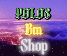 a logo for polos bm shop with a purple background