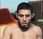 a shirtless man with a beard is standing in front of a sign that says 150