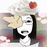 a cartoon of a woman with whipped cream and a strawberry on top of her head