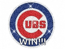 a red , white , and blue logo for the chicago cubs with the words `` win '' written inside of it .