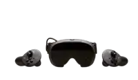 a pair of virtual reality goggles with two controllers on a white background