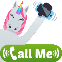 a sticker of a unicorn holding a cell phone with the words call me below it