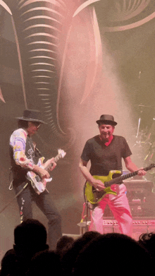 two men playing guitars on a stage with an elephant behind them