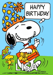a cartoon of snoopy wearing a party hat and holding a gift says happy birthday lisa