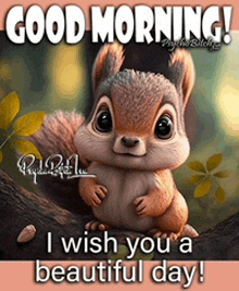 a squirrel is sitting on a tree branch and says good morning i wish you a beautiful day !