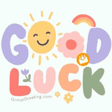 a colorful greeting card that says good luck with a smiling sun