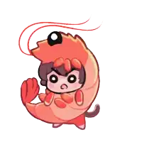 a cartoon character dressed as a shrimp with an angry face