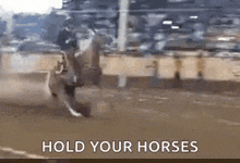 a man is riding a horse in a rodeo arena and the words `` hold your horses '' are visible .