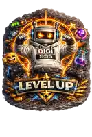 an illustration of a robot with a hoodie that says digi 999 level up