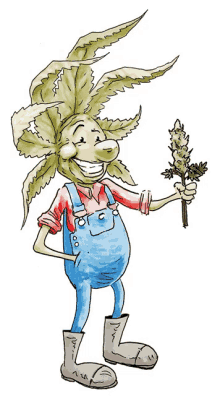 a cartoon drawing of a man in overalls holding a flower