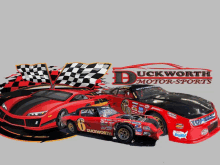 a duckworth motor sports logo with two race cars in front of it