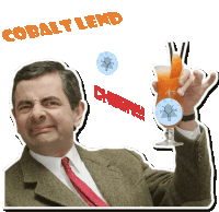 a man in a suit and tie is holding a glass of orange juice with the words cobalt lend cheer behind him