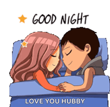 a man and a woman are sleeping in a bed with the words `` good night love you hubby ''