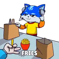 a cartoon of a cat ordering french fries from someone