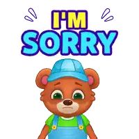 a cartoon teddy bear wearing a blue hat and overalls says sorry