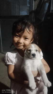 a little girl is holding a brown and white puppy with a vivo y33s displayed in the corner