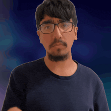 a man with glasses and a beard is pointing his finger