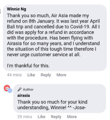 a screenshot of a facebook post that says ' thank you so much air asia made my refund on 8th january '