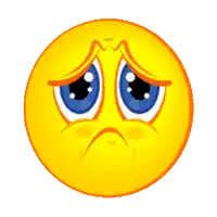a yellow smiley face with blue eyes and a sad expression